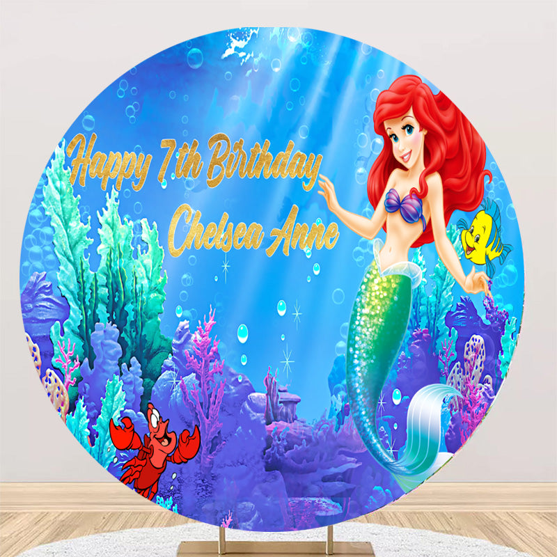 Personaliza el fondo redondo de sirena, cubiertas de pancartas de mesa de fondo circular de cumpleaños para niñas de Sirenita