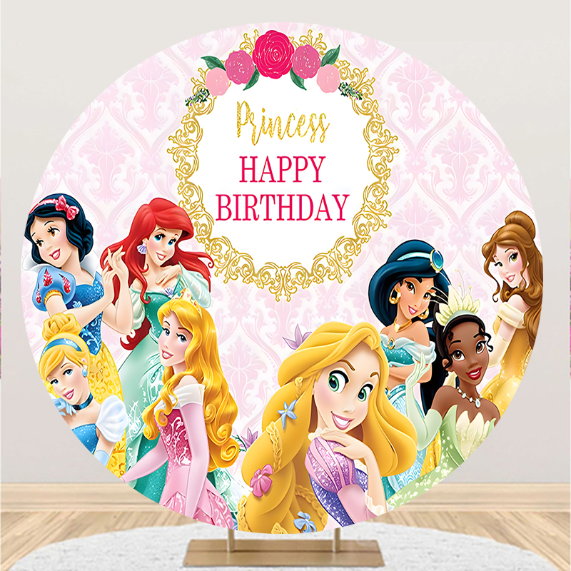 Girls Birthday Round Backdrop Decoration Disney Princess Birthday Party Circle Cylinder Plinth Covers Baby Photo Background