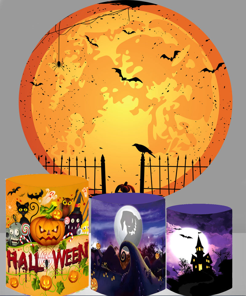 Halloween Round Backdrops Yellow Circle Background Moon Bat Party Photo Booth Props Covers