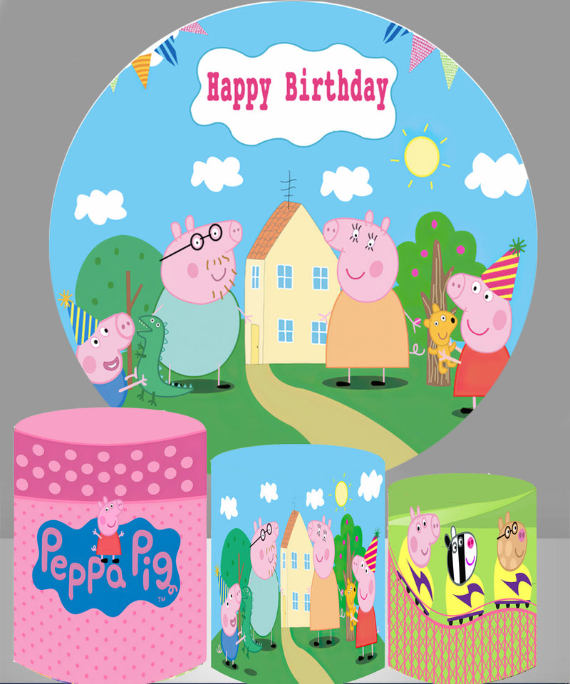 Custom Peppa Pig Decoration Backdrop Children Birthday Round Circle Cover Photoshoot Background