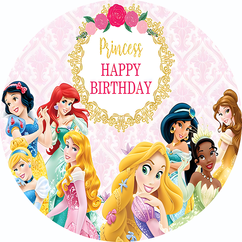 Girls Birthday Round Backdrop Decoration Disney Princess Birthday Party Circle Cylinder Plinth Covers Baby Photo Background