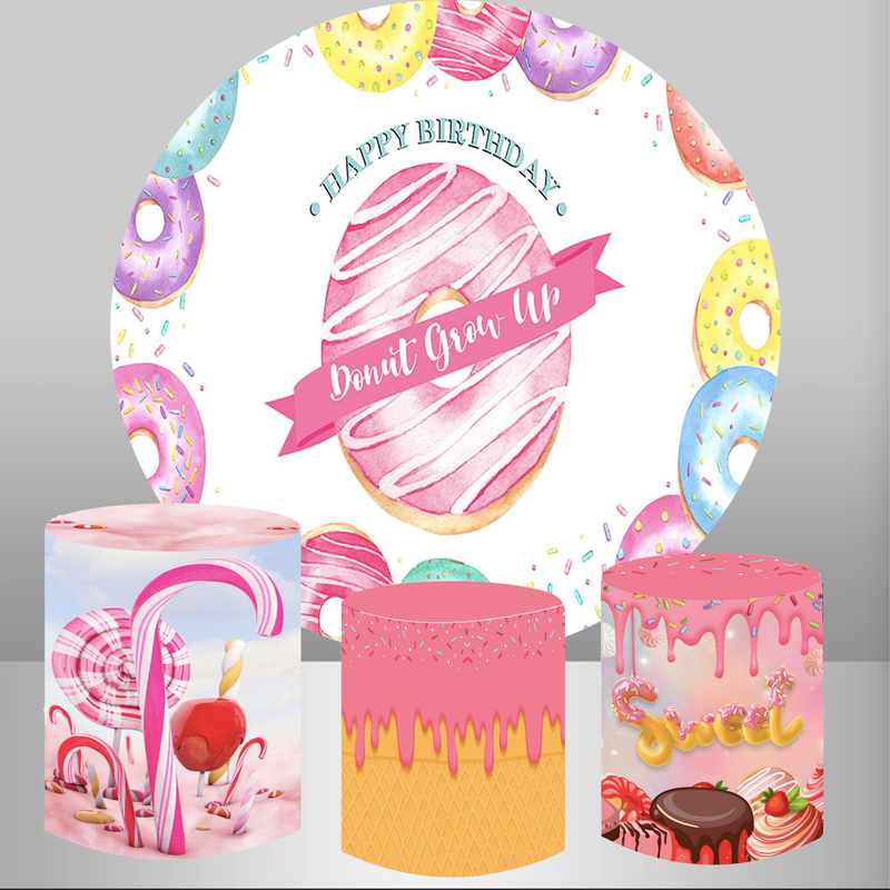 Donut Grow Up Round Backdrops Girls Birthday Party Circle Background Donut Cake Table Banner Covers