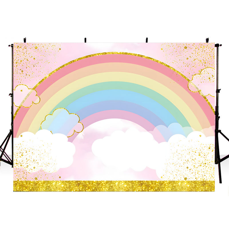 Fondo fotográfico con purpurina dorada, arcoíris, cielo rosa, Oh, bebé –  dreamybackdrop