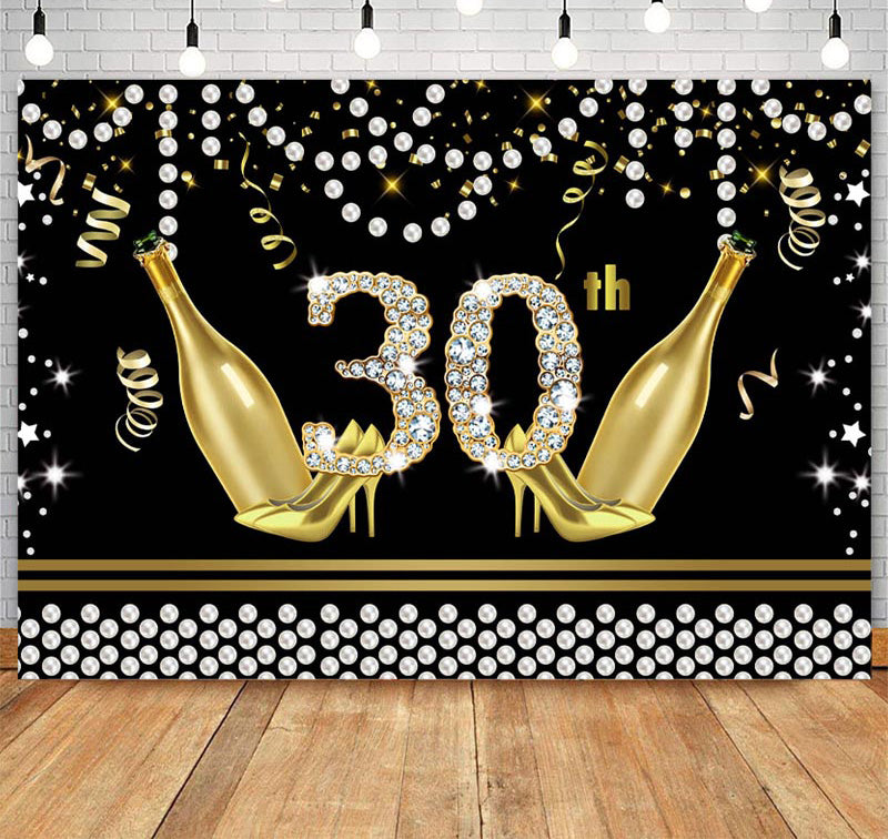 Toile de fond joyeux anniversaire 30e, 40e, 50e, 60e paillettes, perles de champagne, décor de fête d'anniversaire pour hommes ou femmes, arrière-plan de photographie, accessoires de bannière d'anniversaire noir