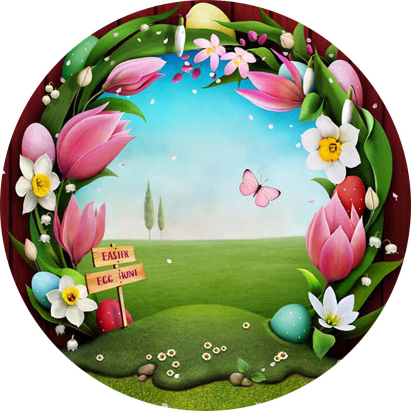 Easter Egg Round Backdrop Sunday Happy Easter Birthday Circle Background Table Banner Covers