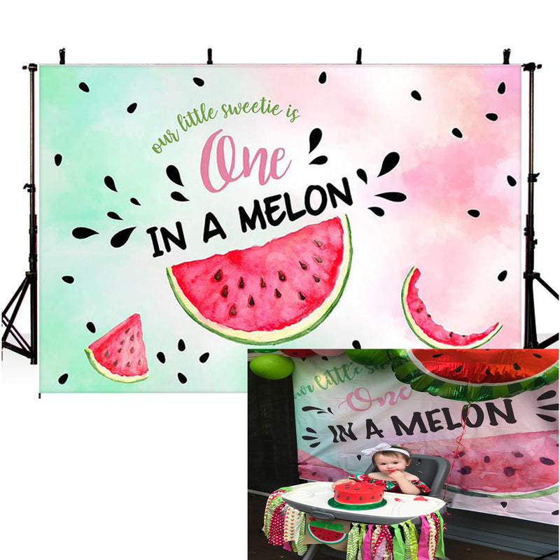 Watermelon Themed One in a Cocomelon Backdrop Kids Happy 1st Birthday Party Banner Watercolor Summer Fruit Photography Background for Girls Picture