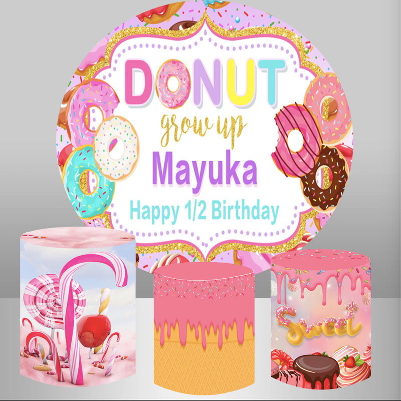 Personalize Donut Grow Up Birthday Photo Round Backdrops Pink Girls Birthday Party Circle Background Cake Party Table Banner Covers
