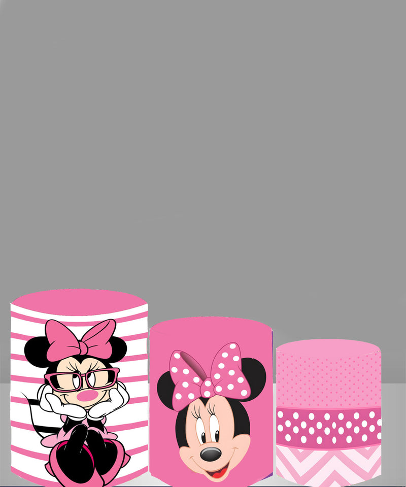 Minnie Mouse Round Backdrop Decoration Pink Girls Birthday Party Cylinder Plinth Covers Mickey Mouse Photo Background