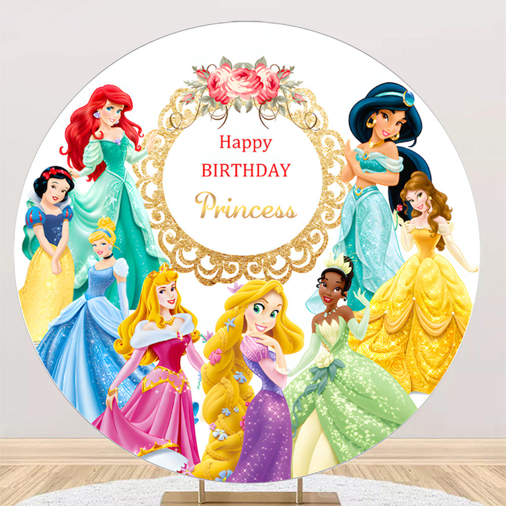 Personalize Disney Princess Round Backdrops Girls Happy Birthday Party Circle Background Covers