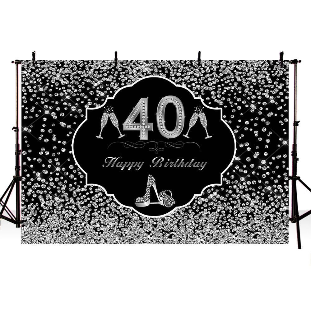 40th Silver glitter backdrop for party decoration Happy birthday theme party background for photo studio High heels Champagne