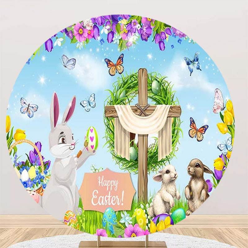 Easter Egg Round Backdrops Kids Sunday Happy Easter Birthday Circle Background Table Banner Covers