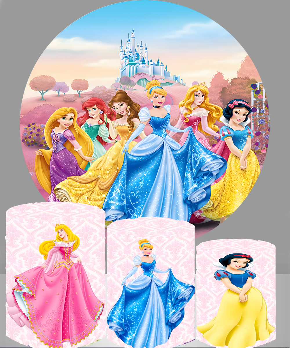 Disney Princess Party Background Decors Round Shape Girls Birthday Circle Photo Backdrop Cylinder Plinth Covers