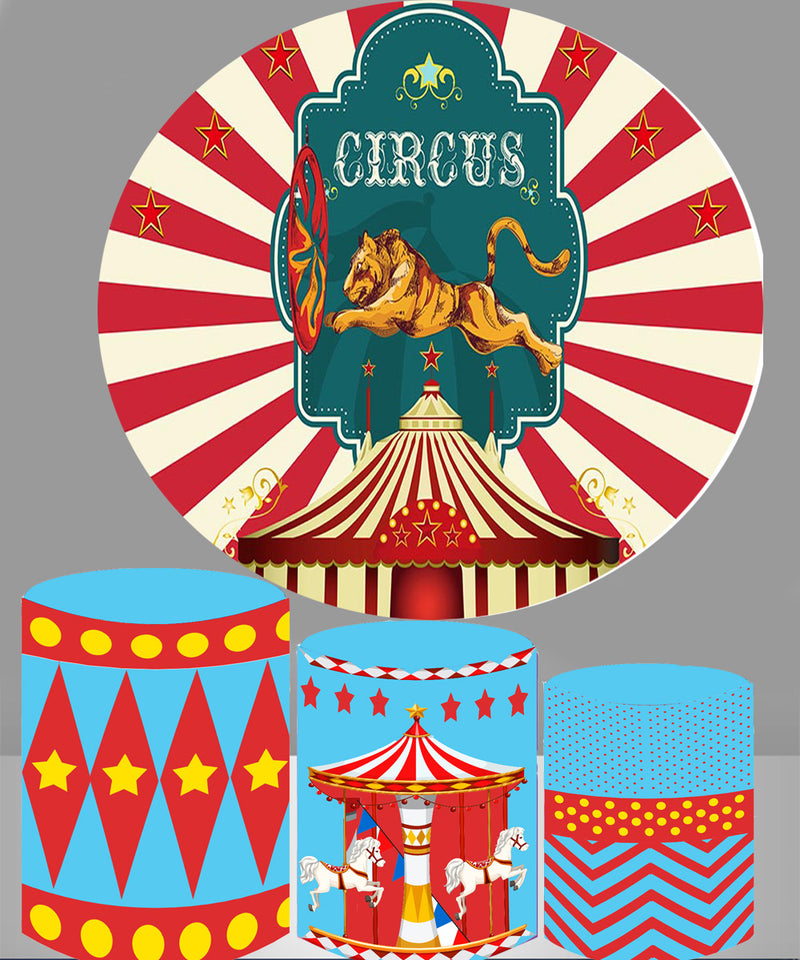 Toile de fond ronde de cirque, arrière-plan de cercle d'anniversaire pour garçons, tigre, décor de Studio Photo pour fête prénatale, couvertures de plinthe cylindrique 
