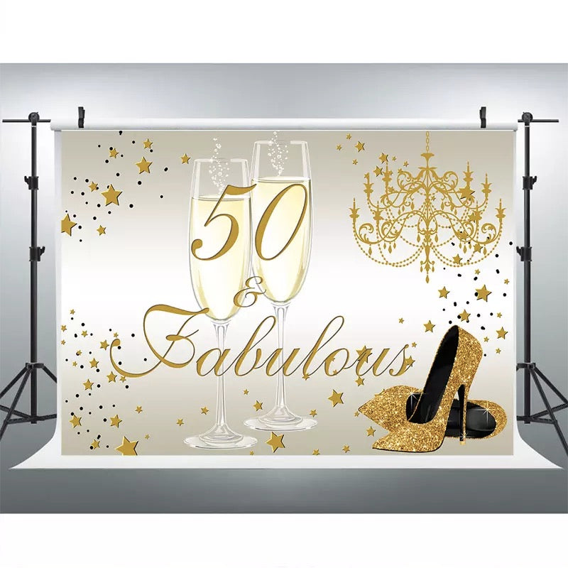50th Birthday Photo Background Golden champagne glitter high heels Background for Photo Elegant lady's 50th birthday Backdrop