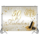 50th Birthday Photo Background Golden champagne glitter high heels Background for Photo Elegant lady's 50th birthday Backdrop