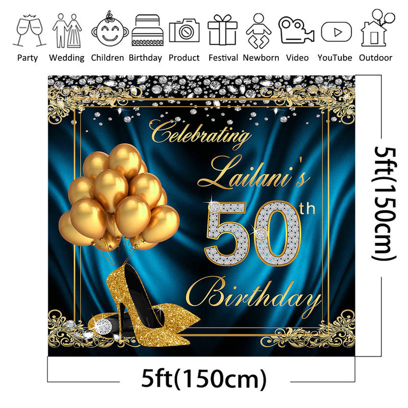 50th Birthday Party Banner Backdrop Women Fifty Sparkly High Heels Balloon Background Custom Decorations Photocall Photoshoot