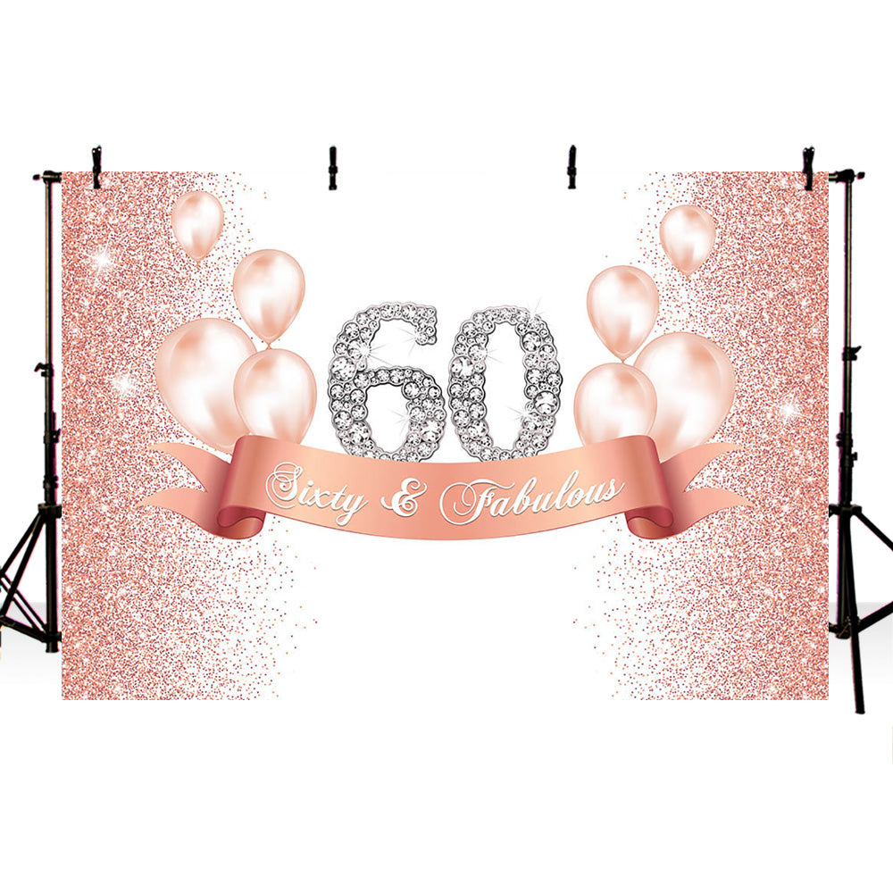 Customized Birthday 60th happy birthday party backdrop for photography pink gold gliiter background for photo booth studio air balloon back drop