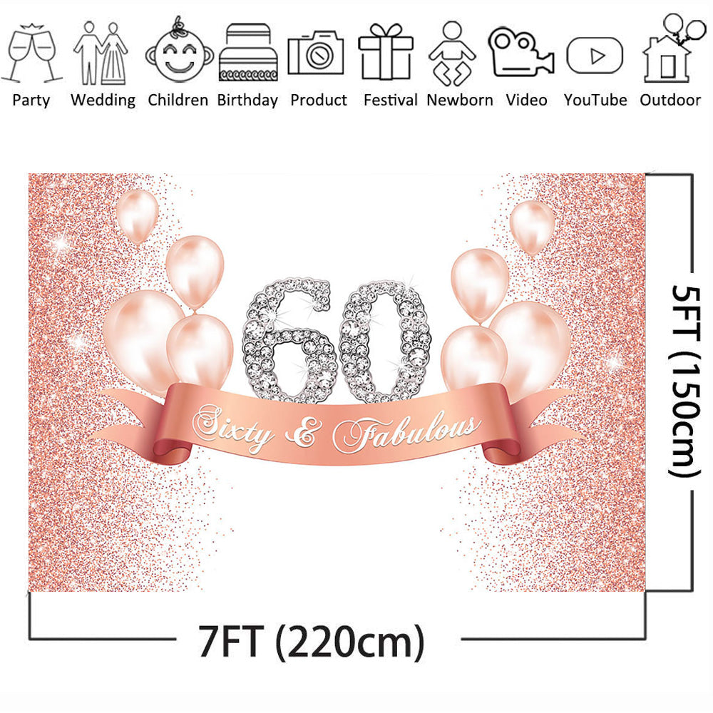 Customized Birthday 60th happy birthday party backdrop for photography pink gold gliiter background for photo booth studio air balloon back drop