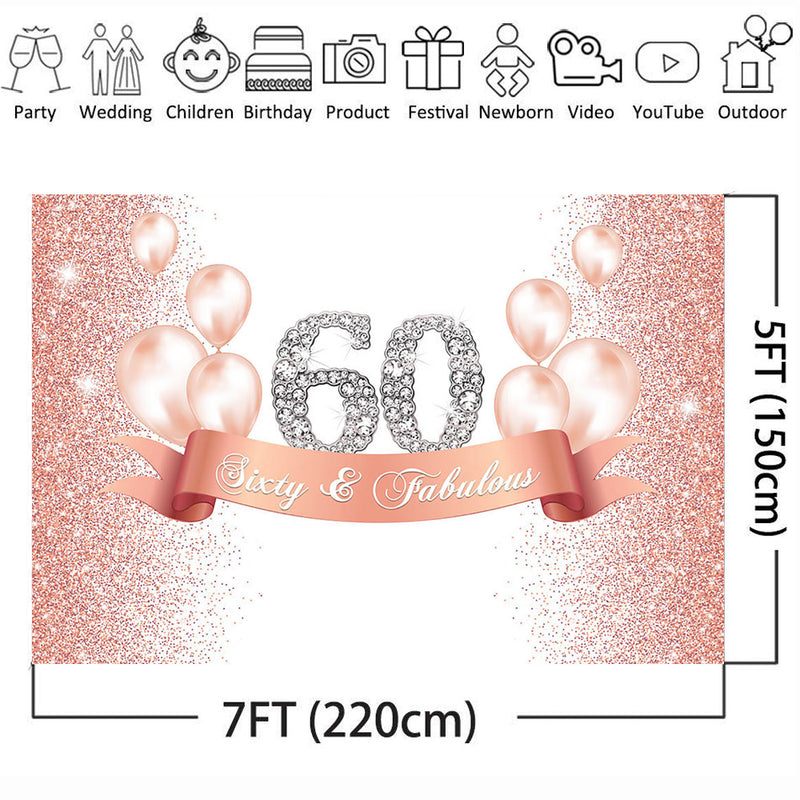 Customized Birthday 60th happy birthday party backdrop for photography pink gold gliiter background for photo booth studio air balloon back drop