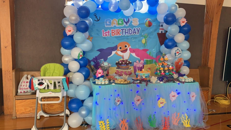 Baby's 1st Birthday Party Backdrop Vinyl Photography Background Undersea World Cartoon Baby Whale Backdrop Shark Starfish Yellow Pink Blue Color Cake Gifts Birthday Decoration Children