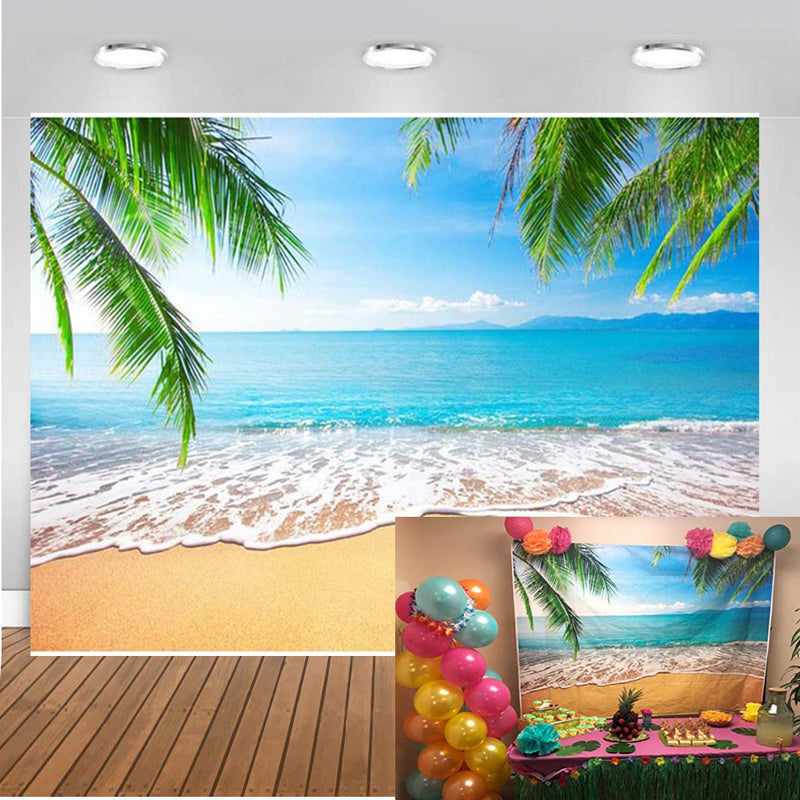 Summer Tropical Beach Backdrop Hawaii Ocean Palm Trees Photography Background for Picture Blue Sea Sky Sunshine Luau Themed Party Decorations Photo Booth Studio Props