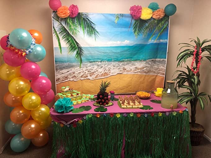 Summer Tropical Beach Backdrop Hawaii Ocean Palm Trees Photography Background for Picture Blue Sea Sky Sunshine Luau Themed Party Decorations Photo Booth Studio Props