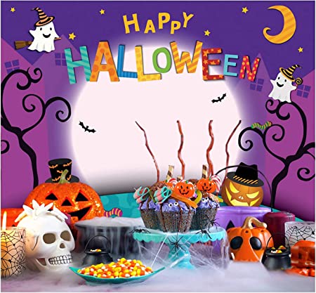 Cartoon Halloween Photo Backdrop Pumpkin Moon Photography Backdrops Halloween Party Banner Trick or Treat Backdrop Halloween Decoration Kids Halloween Party Photography Backdrop