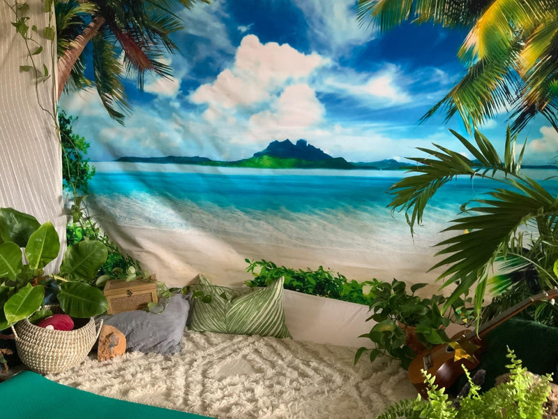 Summer Tropical Beach Backdrop Hawaii Ocean Trees Photography Background for Picture Blue Sea Sky Sunshine Luau Themed Party Decorations Photo Booth Studio Props