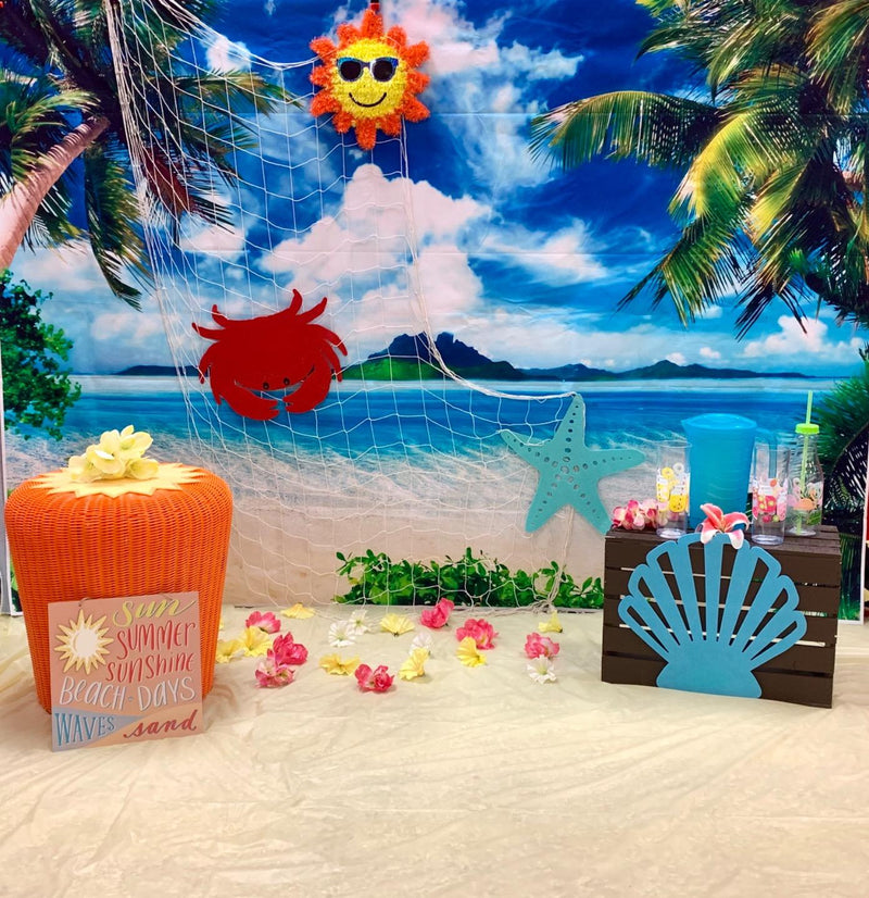 Summer Tropical Beach Backdrop Hawaii Ocean Trees Photography Background  For Picture Blue Sea Sky Sunshine Luau Themed Party Decorations Photo Booth, Caribbean Party Decorations