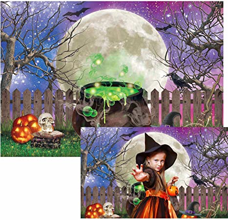 Halloween sorcière toile de fond magique Hallowmas Eve citrouilles assistant photographie fond horreur effrayant chaudron chauve-souris magique enfants fête 