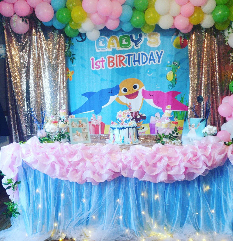 Baby's 1st Birthday Party Backdrop Vinyl Photography Background Undersea World Cartoon Baby Whale Backdrop Shark Starfish Yellow Pink Blue Color Cake Gifts Birthday Decoration Children