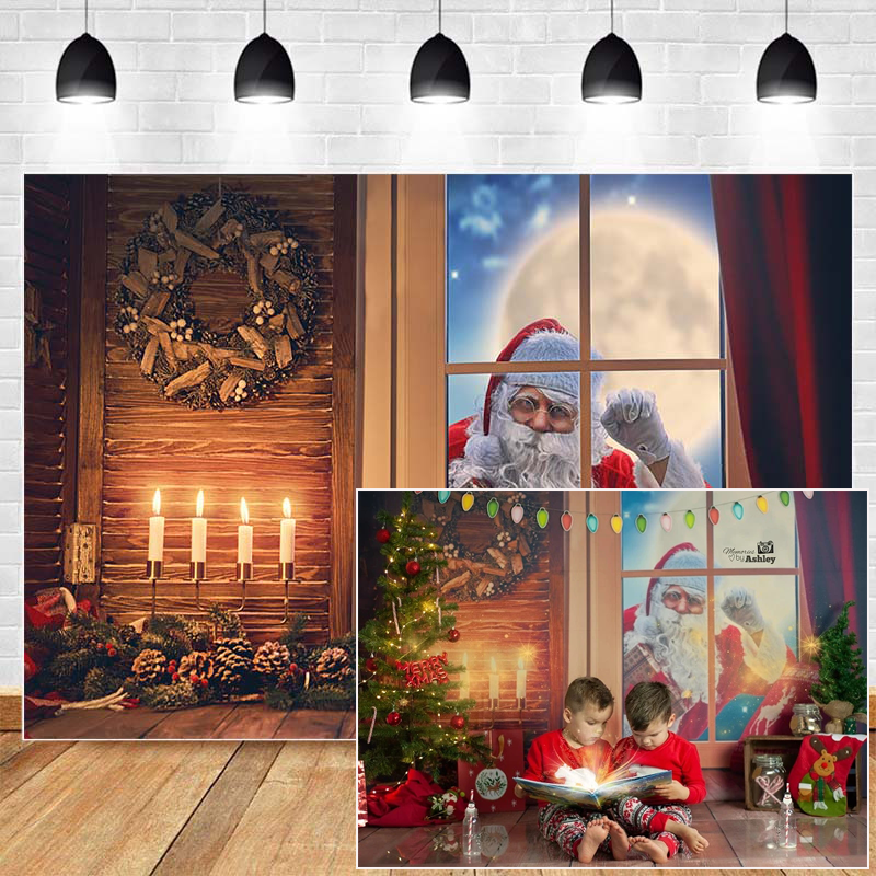 Christmas Snow Moon Background Santa Claus Gift Children Portrait Backdrops for Photography Lit Candle Wreath Decorations Props