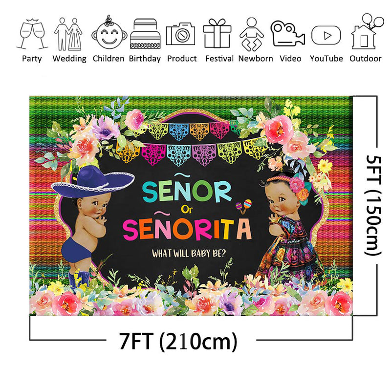 Fiesta Gender Reveal Party Backdrop Mexican Fiesta Senor or Senorita Baby Photography Background He or She Party Background