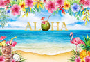 Fondo de fiesta de cumpleaños Floral Aloha, fondo de fotografía de flamenco hawaiano, playa Tropical, cielo azul, nubes blancas 