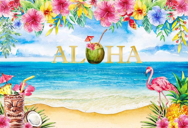 Aloha Floral fête d'anniversaire toile de fond Hawaii flamant photographie fond plage tropicale bleu ciel blanc nuages ​​décors 