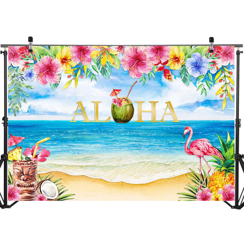 Aloha Tiki Floral Birthday Party Backdrop Hawaii Flamingo Photography Background Tropical Beach Blue Sky White Clouds Backdrops