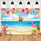 Fondo de fiesta de cumpleaños Floral Aloha, fondo de fotografía de flamenco hawaiano, playa Tropical, cielo azul, nubes blancas 