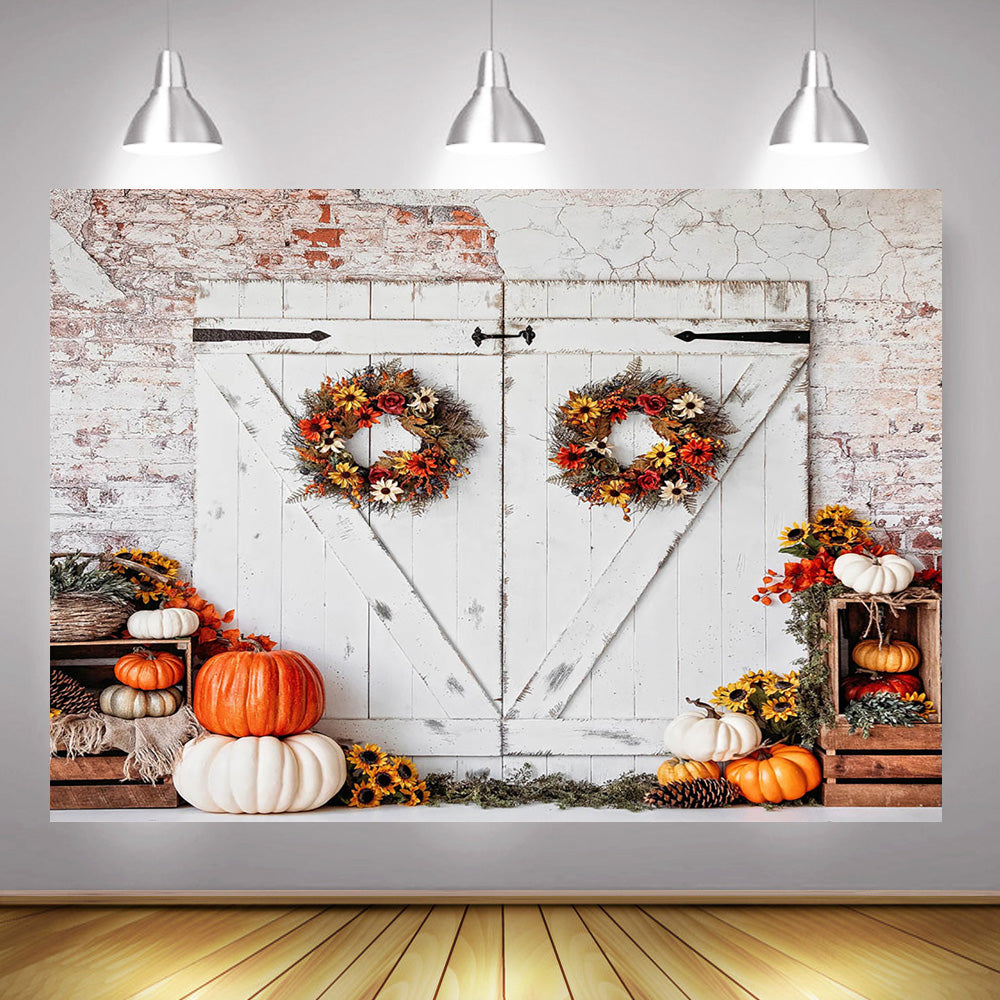 Thanksgiving Photography Backdrop Halloween Rustic Wooden Floor Wall Background Wreath Autumn Pumpkins Maple Leaves Girls Party Decoration Photo Studio