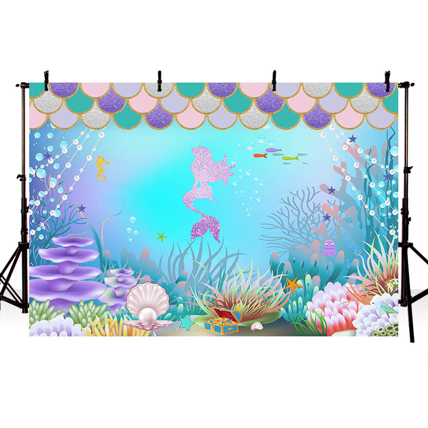 Girl Backdrops Birthday Party Ocean Shell Coral Mermaid Princess Decor ...