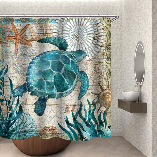 Turtle Sea Horse Dolphin Print Shower Curtain Set Bathroom Bathing Screen Anti-slip Toilet Lid Cover Carpet Rugs Home Decor