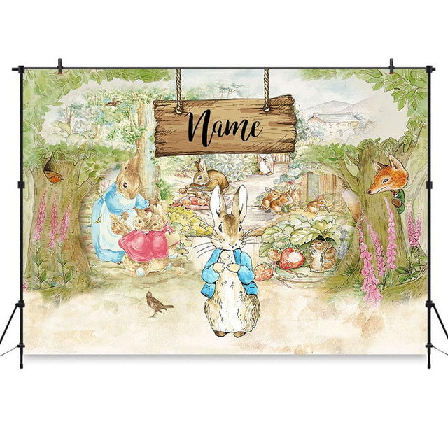 Bannière de décorations d'anniversaire avec nom personnalisé pour bébé lapin, toile de fond pour fête d'anniversaire, printemps, pâques