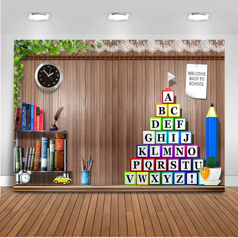 Back to School Backdrop for Photography Wooden Wall Books Letters Pencil Decoration Supplies for Children Photo Background Props