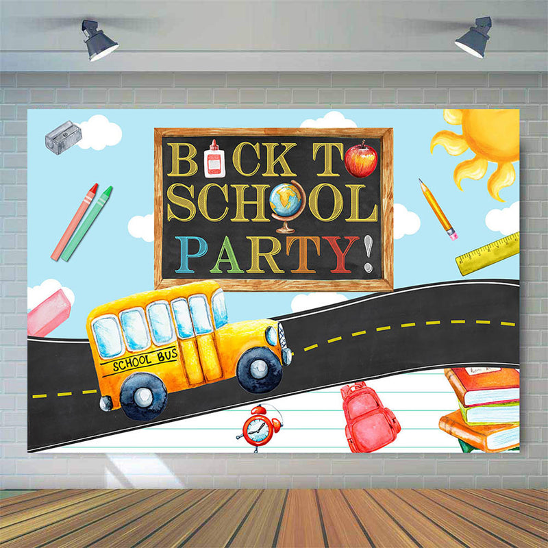 Décorations d'arrière-plan de fête de rentrée scolaire, fournitures de bannière de fête pour enfants, premier jour d'école, bus scolaire, photographie