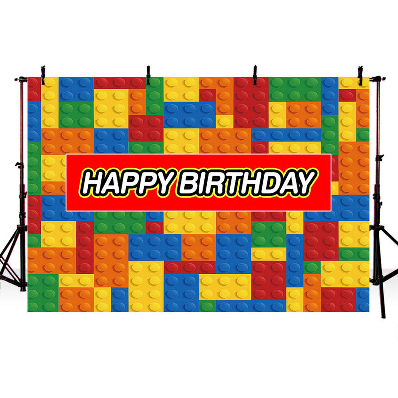 Décoration de fête d'anniversaire, blocs de construction en briques, bannière d'anniversaire pour enfants, arrière-plan de Photo personnalisé pour Table à gâteaux 