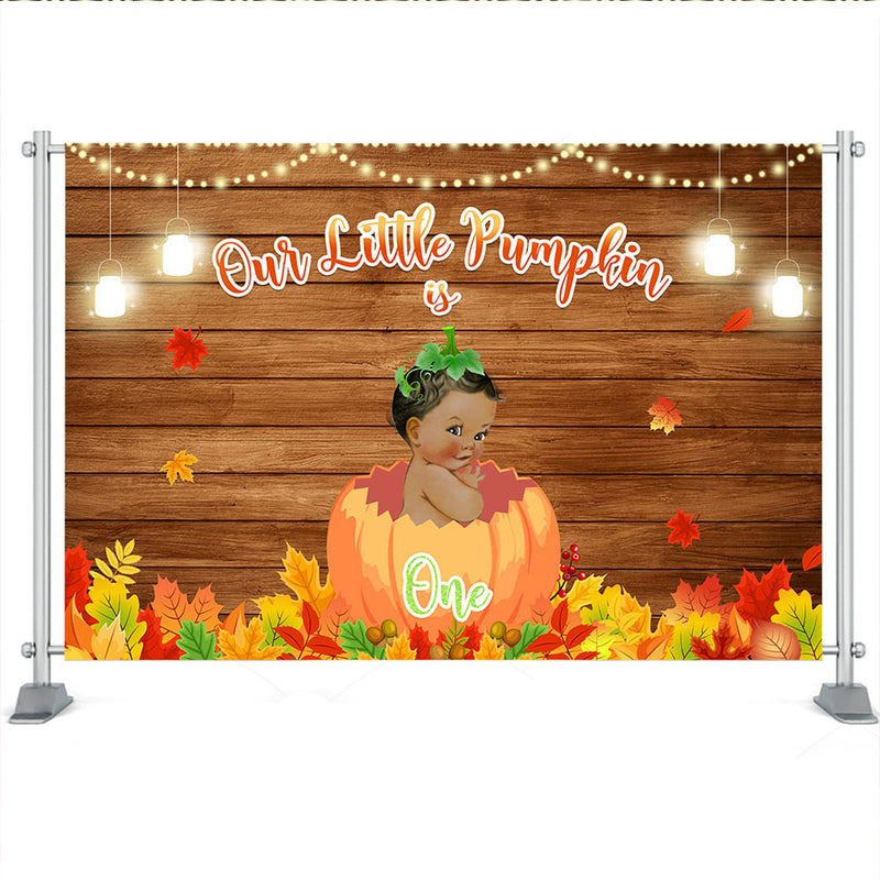 Fall Thanksgiving Birthday Party Halloween Photography One Little Pumpkin Is Turning One Wood Backdrops Autumn Maple leaf Photo Props