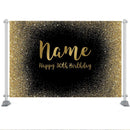 Fondos de foto de cumpleaños con nombre personalizado, fondo de punto dorado con brillo negro, decoración de fiesta de aniversario de cumpleaños