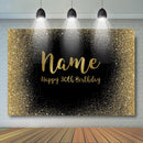 Fondos de foto de cumpleaños con nombre personalizado, fondo de punto dorado con brillo negro, decoración de fiesta de aniversario de cumpleaños