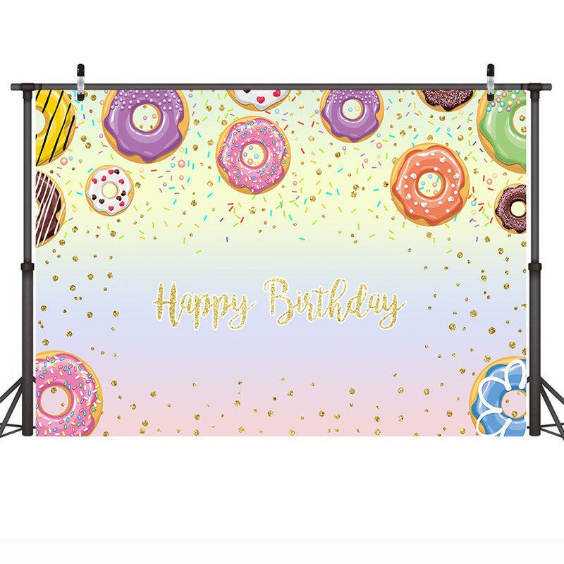 Fondo de fotografía de fiesta temática de feliz cumpleaños, telón de fondo de Donut dulce para niños, cartel de tienda de postres, decoración de fondo