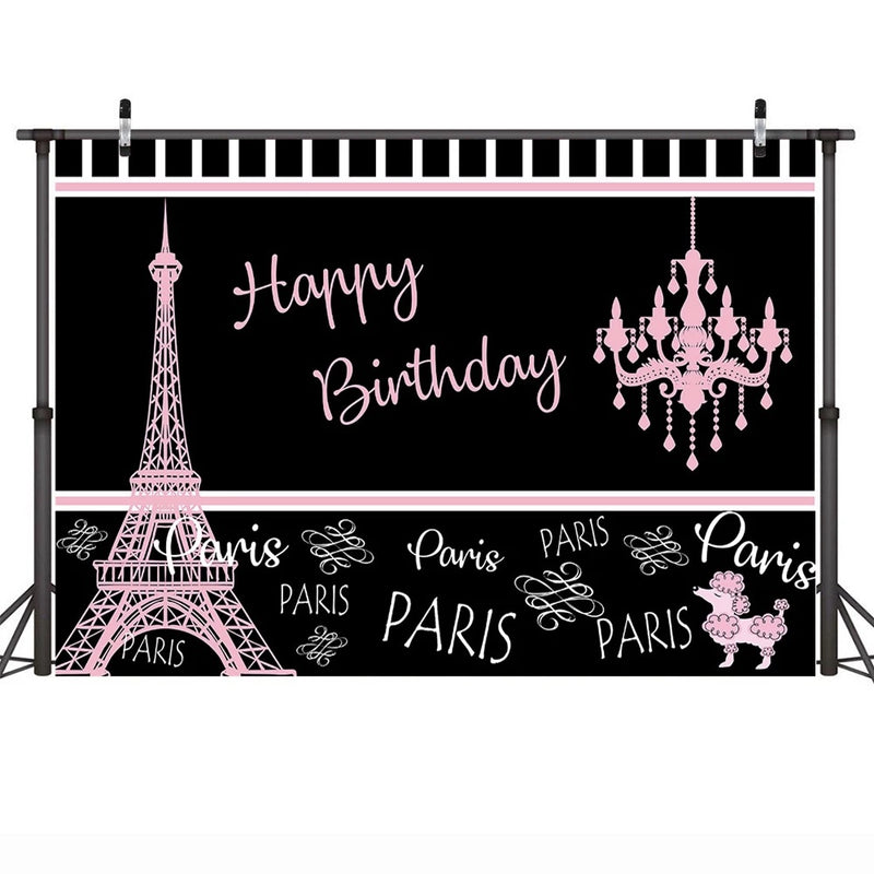 Toile de fond pour paires d'anniversaire, pour photographie, tour Eiffel, fête d'anniversaire, décor de Table de gâteau, arrière-plan noir et rose