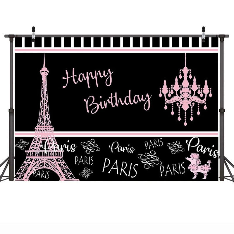 Fondo de pares de cumpleaños para fotografía Torre Eiffel fiesta de cumpleaños pastel Mesa decoración fondo negro rosa